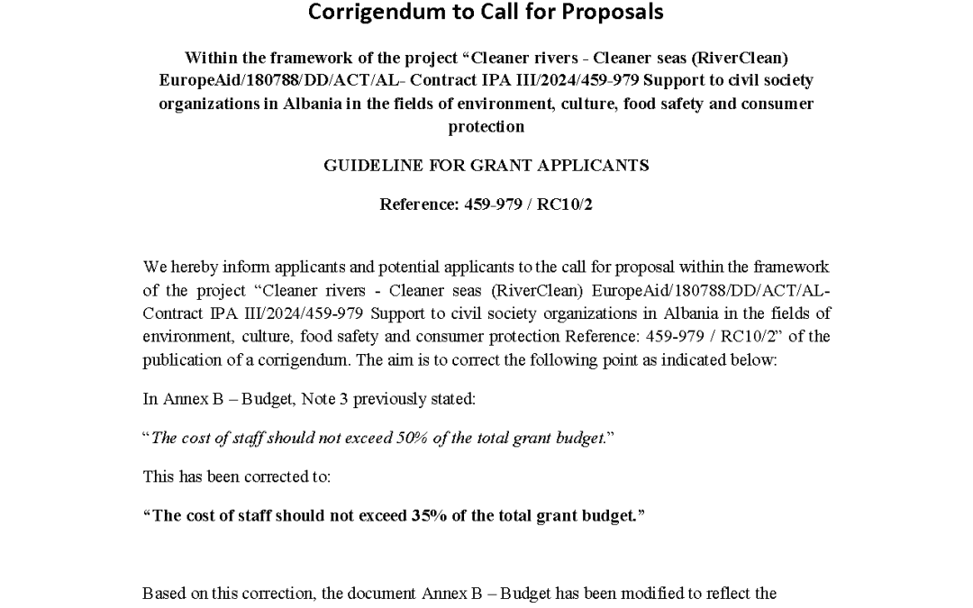 Corrigendum to Call for Proposals